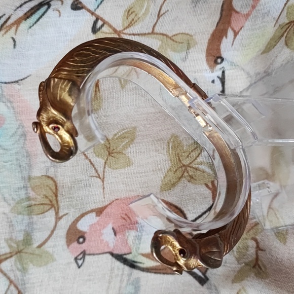 Unmarked Jewelry - Late 1940's Clamper Antique Bracelet Gold Tone Elephant Ruby Stone Eyes